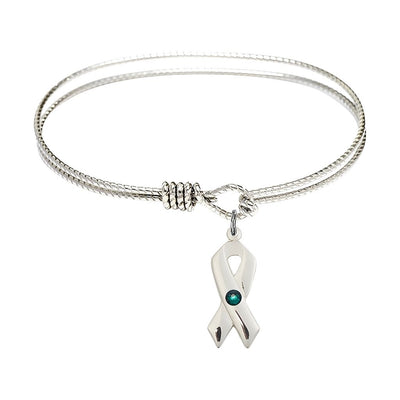 Emerald Birthstone Sterling Silver Cancer Awareness Ribbon Twist Design Bangle, Sizes 6 1/4 inches - 7 1/4 inches, Bliss Manufacturing