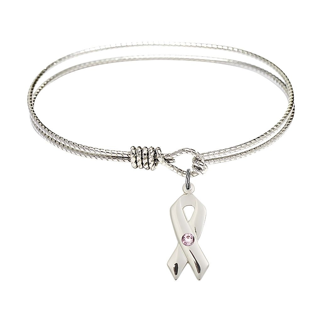 Bliss Light Amethyst Birthstone Sterling Silver Cancer Awareness Ribbon Twist Design Bangle, Sizes 6 1/4 inches - 7 1/4 inches