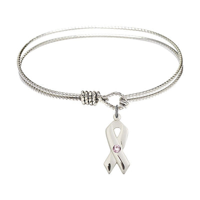 Light Amethyst Birthstone Sterling Silver Cancer Awareness Ribbon Twist Design Bangle, Sizes 6 1/4 inches - 7 1/4 inches, Bliss Manufacturing
