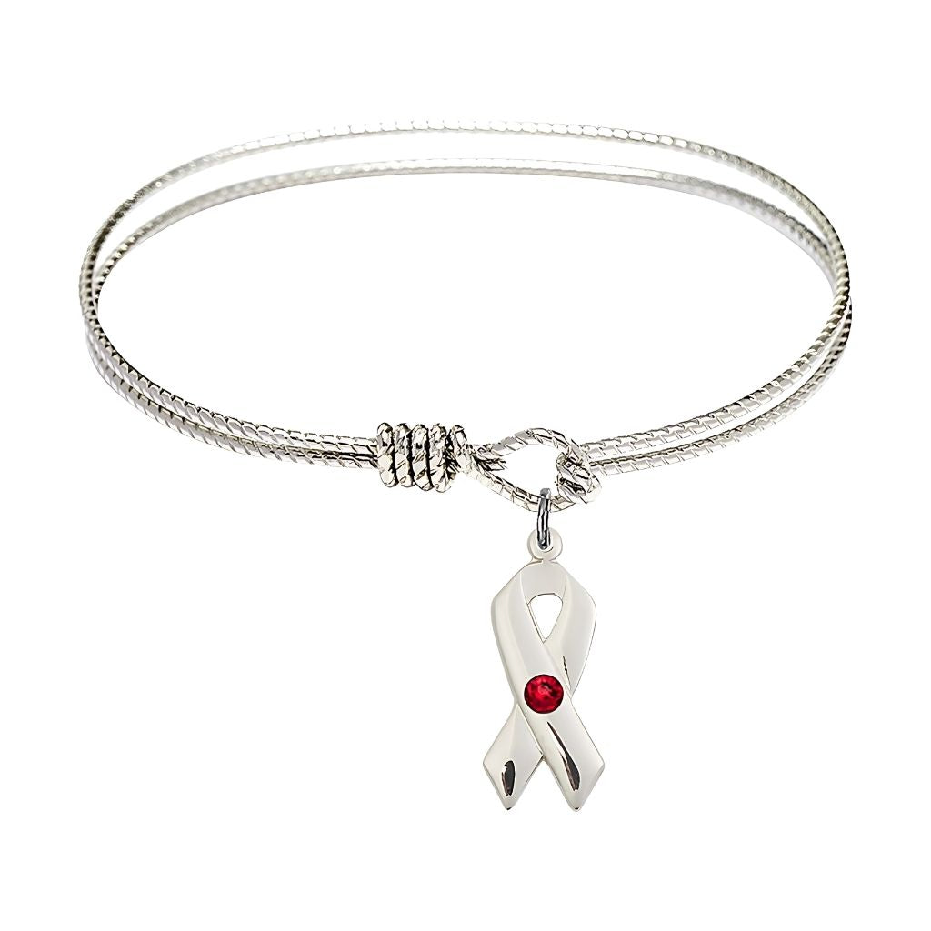 Bliss Ruby Birthstone Sterling Silver Cancer Awareness Ribbon Twist Design Bangle, Sizes 6 1/4 inches - 7 1/4 inches