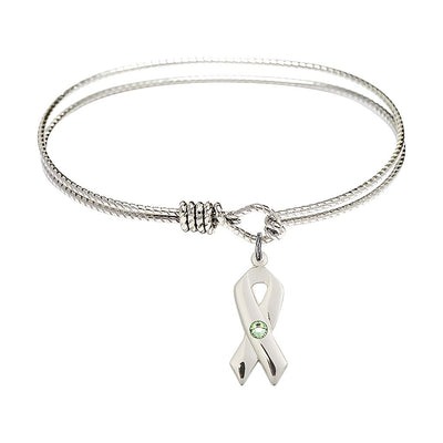 Peridot Birthstone Sterling Silver Cancer Awareness Ribbon Twist Design Bangle, Sizes 6 1/4 inches - 7 1/4 inches, Bliss Manufacturing