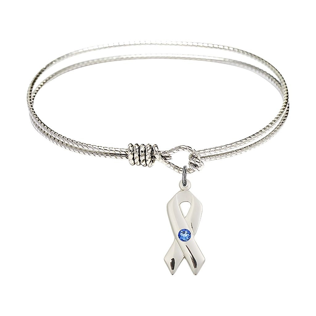 Bliss Sapphire Birthstone Sterling Silver Cancer Awareness Ribbon Twist Design Bangle, Sizes 6 1/4 inches - 7 1/4 inches
