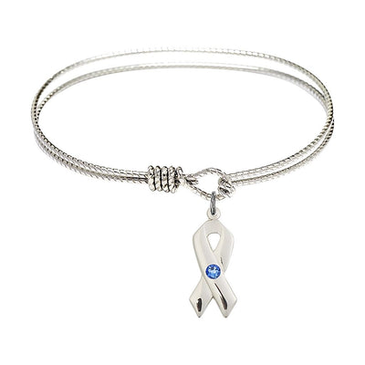 Sapphire Birthstone Sterling Silver Cancer Awareness Ribbon Twist Design Bangle, Sizes 6 1/4 inches - 7 1/4 inches, Bliss Manufacturing