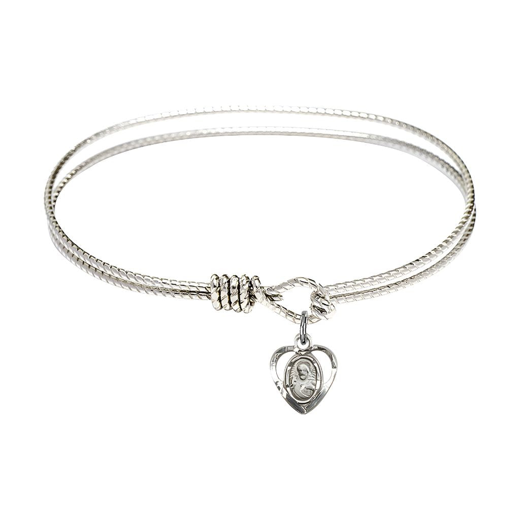 Bliss Scapular Sacred Heart | Our Lady of Mount Carmel Sterling Silver Heart Shaped Charm with a Twist Design Rhodium Plated Bangle Bracelet, Heart Shaped Charm.