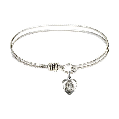 Scapular Sacred Heart, Our Lady of Mount Carmel Sterling Silver Heart Shaped Charm with a Twist Design Rhodium Plated Bangle Bracelet, Heart Shaped Charm, Bliss Manufacturing