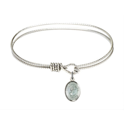Blue Epoxy St. Christopher Sterling Silver Medal with Rhodium-plated Twist Design Bangle Bracelet, Bliss Manufacturing