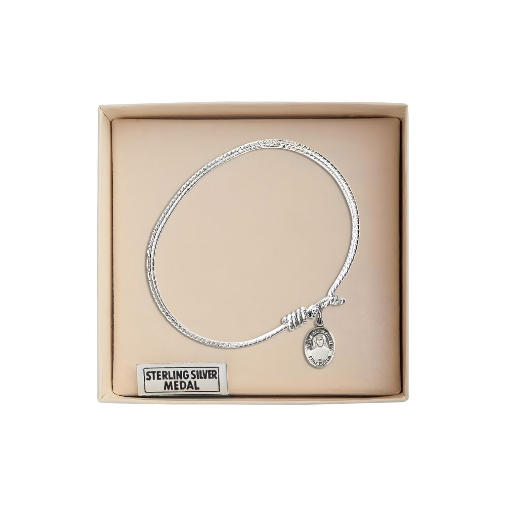 Bliss Sterling Silver St. Maria Faustina Charm with a Rhodium-plated Twist Design Bangle Bracelet in Gift Box