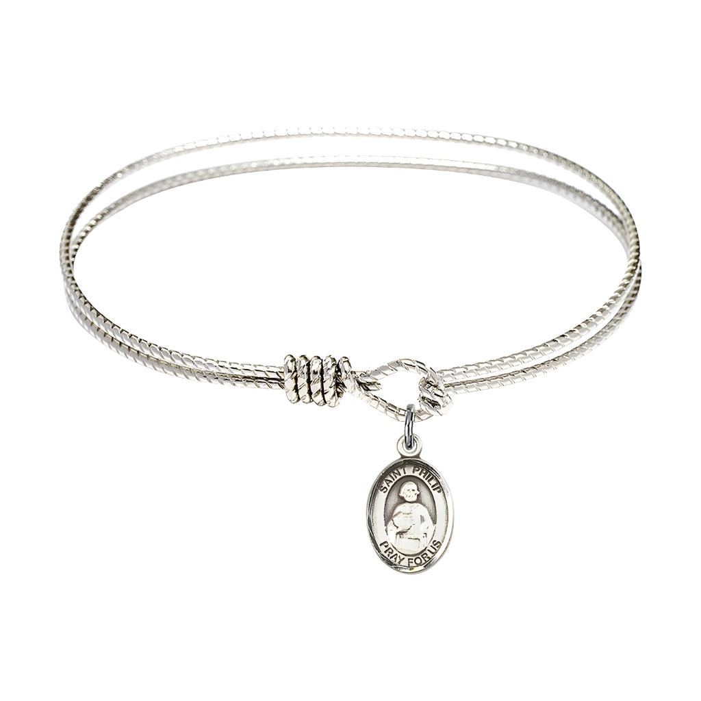Bliss St. Philip the Apostle Sterling Silver Charm with a Twist Design Rhodium Plated Bangle Bracelet, Charm Size: 1/2 x 1/4, Gift Box