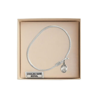 St. Peregrine Laziosi Sterling Silver Charm with a Twist Design Rhodium Plated Bangle Bracelet, Charm Size: 1/2 x 1/4 in Gift Box, Bliss Manufacturing