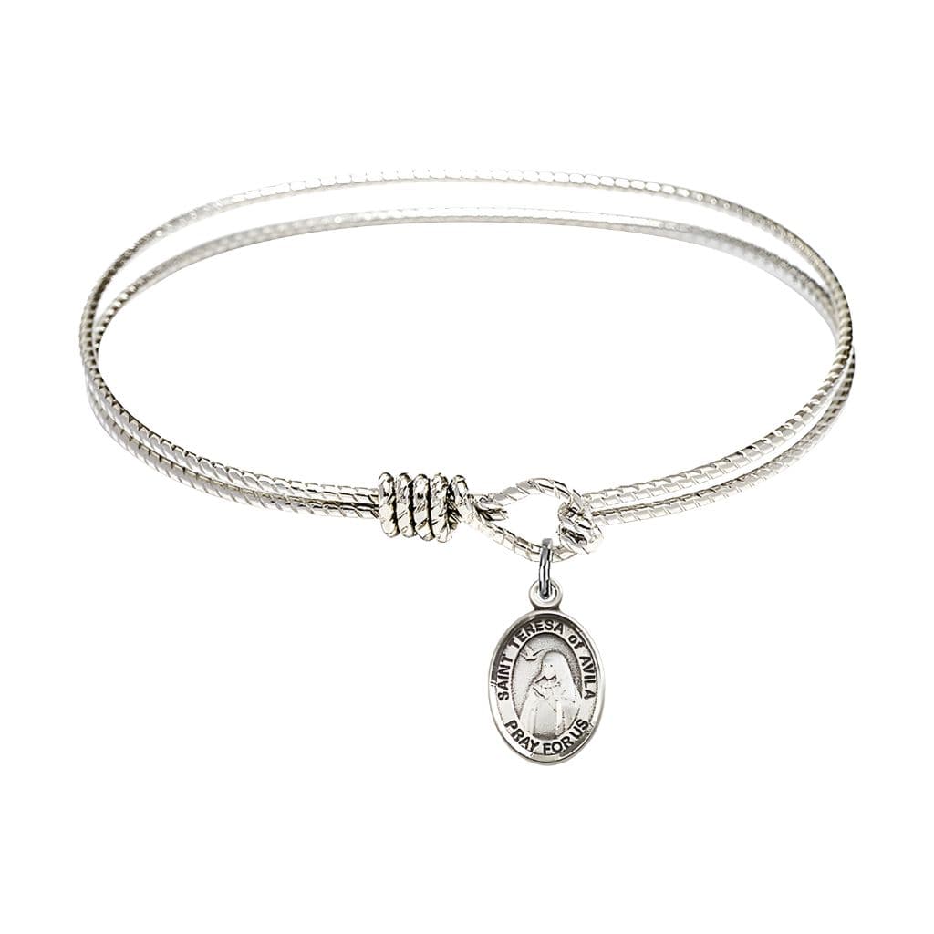 St. Teresa of Avila Sterling Silver Charm and Rhodium-plated Twist Design Bangle Bracelet