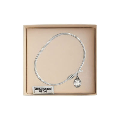 St. Teresa of Avila Sterling Silver Charm and Rhodium-plated Twist Design Bangle Bracelet in Gift Box, Bliss Manufacturing