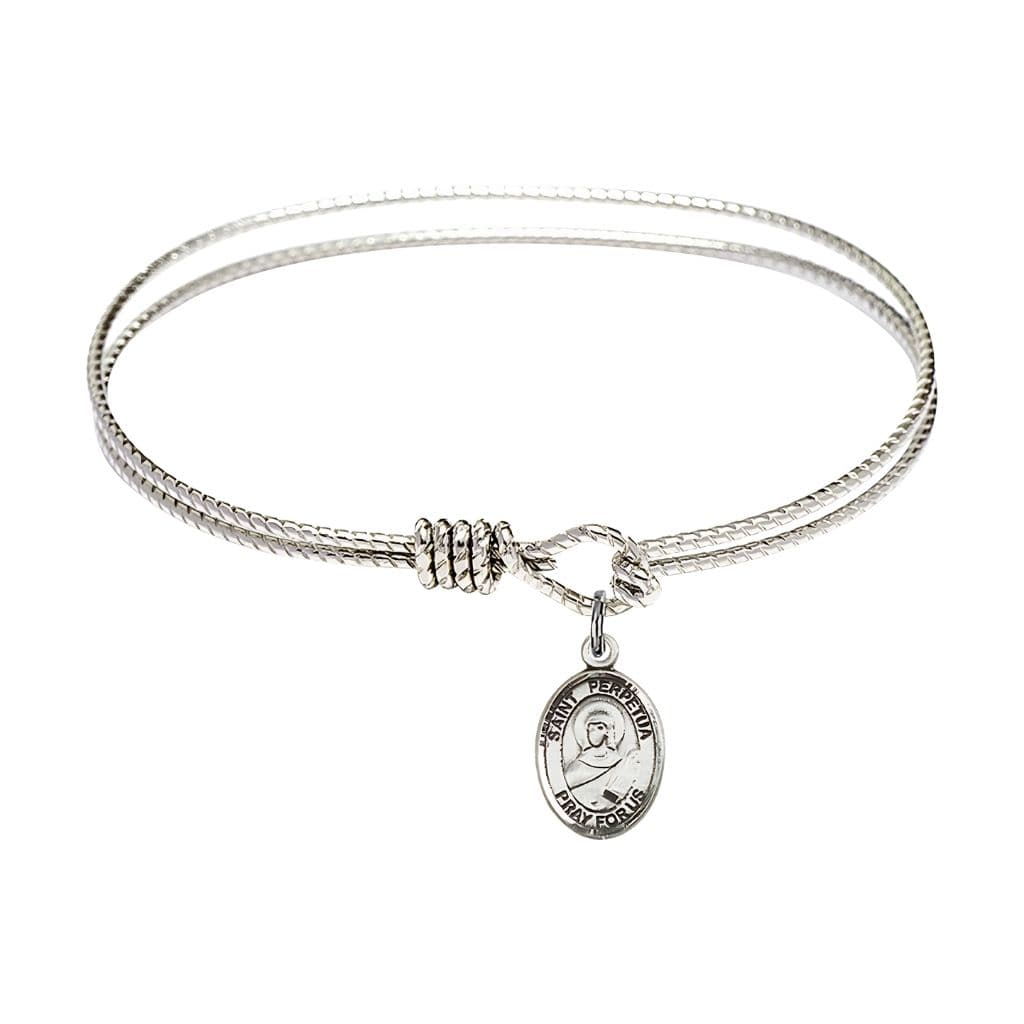 Bliss St. Perpetua Sterling Silver Charm with a Twist Design Rhodium Plated Bangle Bracelet, Charm Size: 1/2 x 1/4, Gift Box