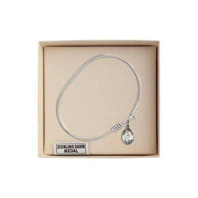 St. Perpetua Sterling Silver Charm with a Twist Design Rhodium Plated Bangle Bracelet, Charm Size: 1/2 x 1/4 in Gift Box, Bliss Manufacturing