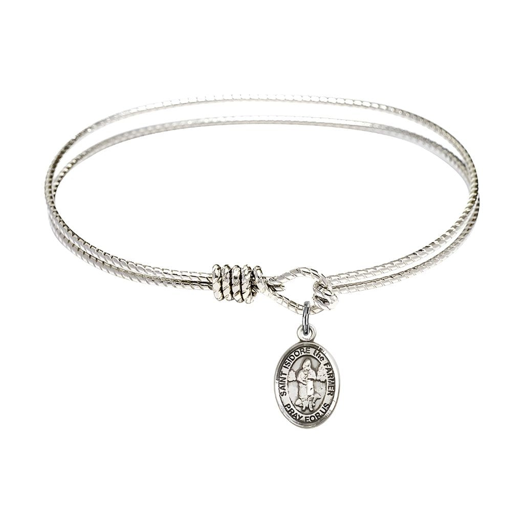 Bliss St. Isidore the Farmer Sterling Silver Charm with a Twist Design Rhodium Plated Bangle Bracelet, Charm Size: 1/2 x 1/4, Gift Box