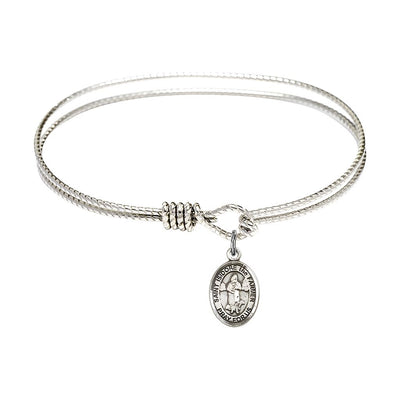 St. Isidore the Farmer Sterling Silver Charm with a Twist Design Rhodium Plated Bangle Bracelet, Charm Size: 1/2 x 1/4, Gift Box, Bliss Manufacturing