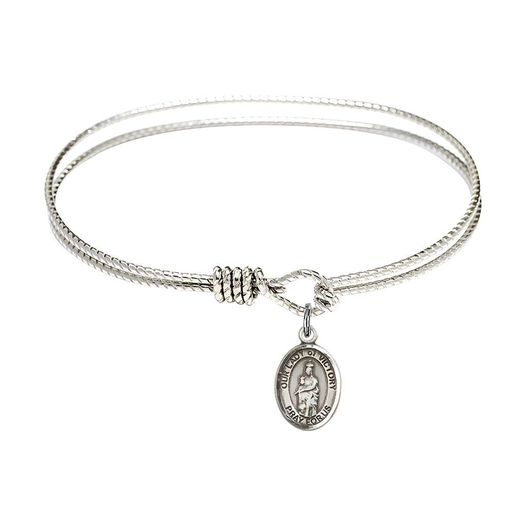 Bliss Our Lady of Victory Sterling Silver Charm 1/2 x 1/4 Medal with Rhodium-plated Twist Design Bangle Bracelet