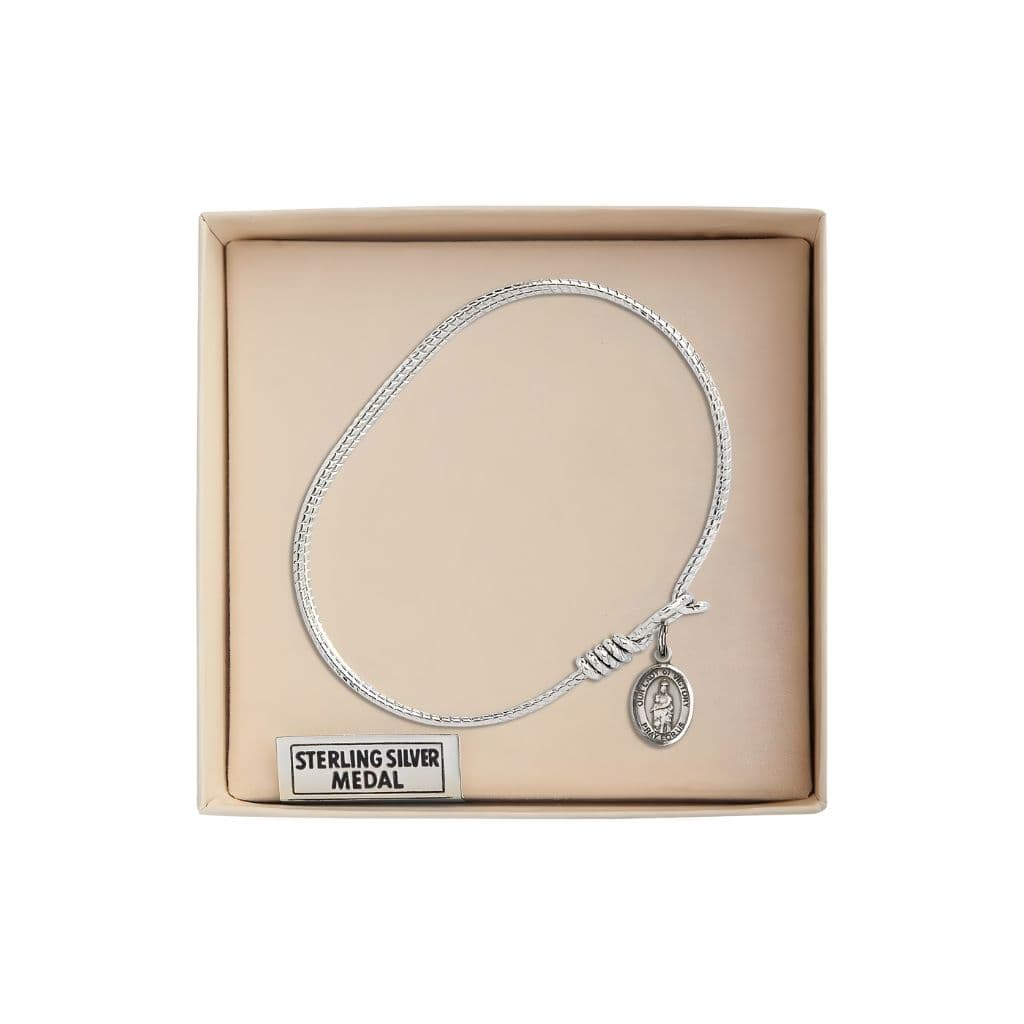 Bliss Our Lady of Victory Sterling Silver Charm 1/2 x 1/4 Medal with Rhodium-plated Twist Design Bangle Bracelet in Gift Box