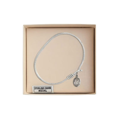 Our Lady of Victory Sterling Silver Charm 1/2 x 1/4 Medal with Rhodium-plated Twist Design Bangle Bracelet in Gift Box, Bliss Manufacturing