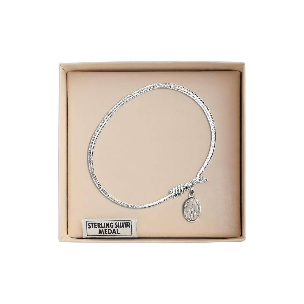 Bliss Our Lady of Assumption Twist Design Bangle Bracelet, sterling silver charm measures 1/2 by 1/4 inch in gift box
