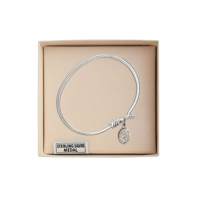 Our Lady of Assumption Twist Design Bangle Bracelet, sterling silver charm measures 1/2 by 1/4 inch in gift box, Bliss Manufacturing