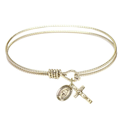 Gold-filled Miraculous and Crucifix Twist Eye Hook Bangle Bracelet, Bliss Manufacturing