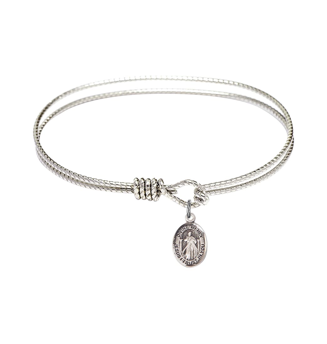 Bliss Jesus Divine Mercy Twist Eye Hook Bangle Bracelet with a Sterling Silver Charm,