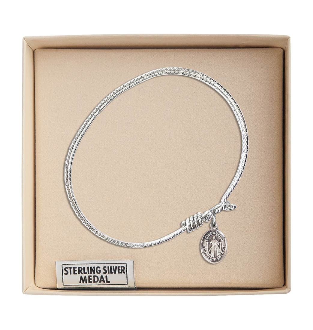 Bliss Jesus Divine Mercy Twist Eye Hook Bangle Bracelet with a Sterling Silver Charm in Box,