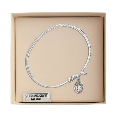 Divine Mercy sterling silver charm twist design bangle bracelet in box, Bliss Manufacturing