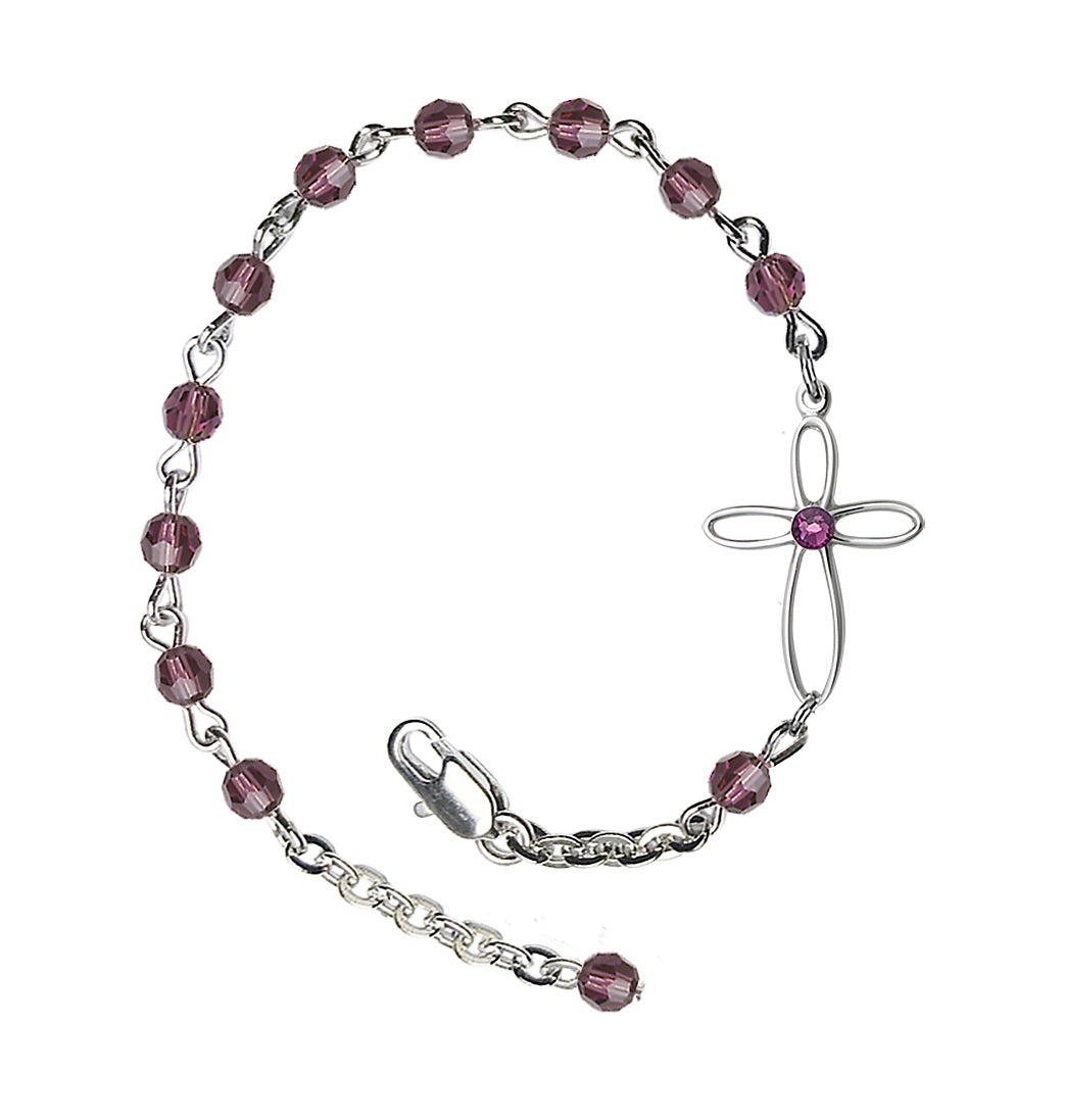 Bliss Birthstone Cross Silver-Plated 4mm Austrian Crystal Bracelet in Amethyst,