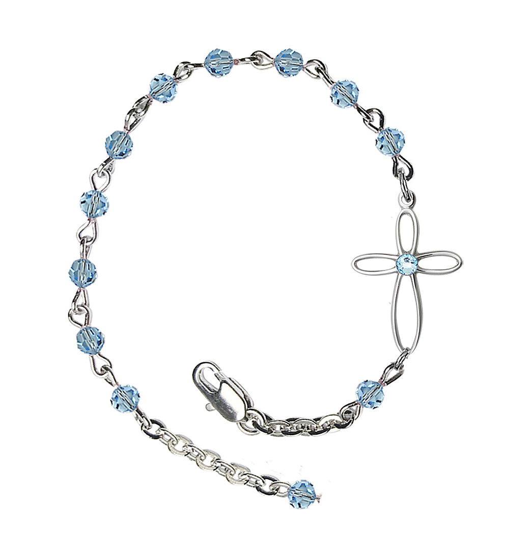 Bliss Birthstone Cross Silver-Plated 4mm Austrian Crystal Bracelet in Aqua,