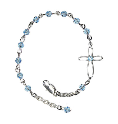 Birthstone Cross Silver-Plated 4mm Austrian Crystal Bracelet in Aqua, Bliss Manufacturing