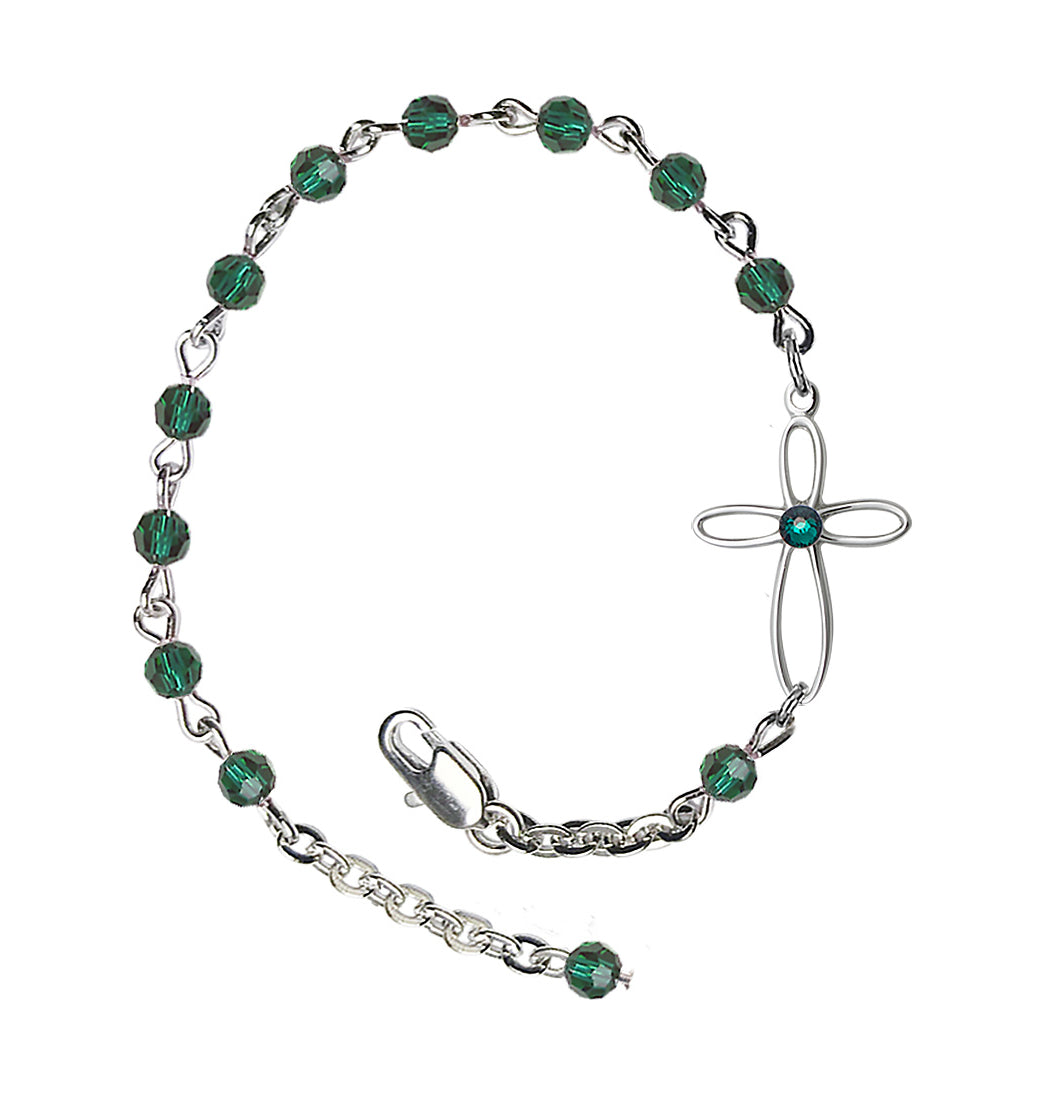 Bliss Birthstone Cross Silver-Plated 4mm Austrian Crystal Bracelet in Emerald,