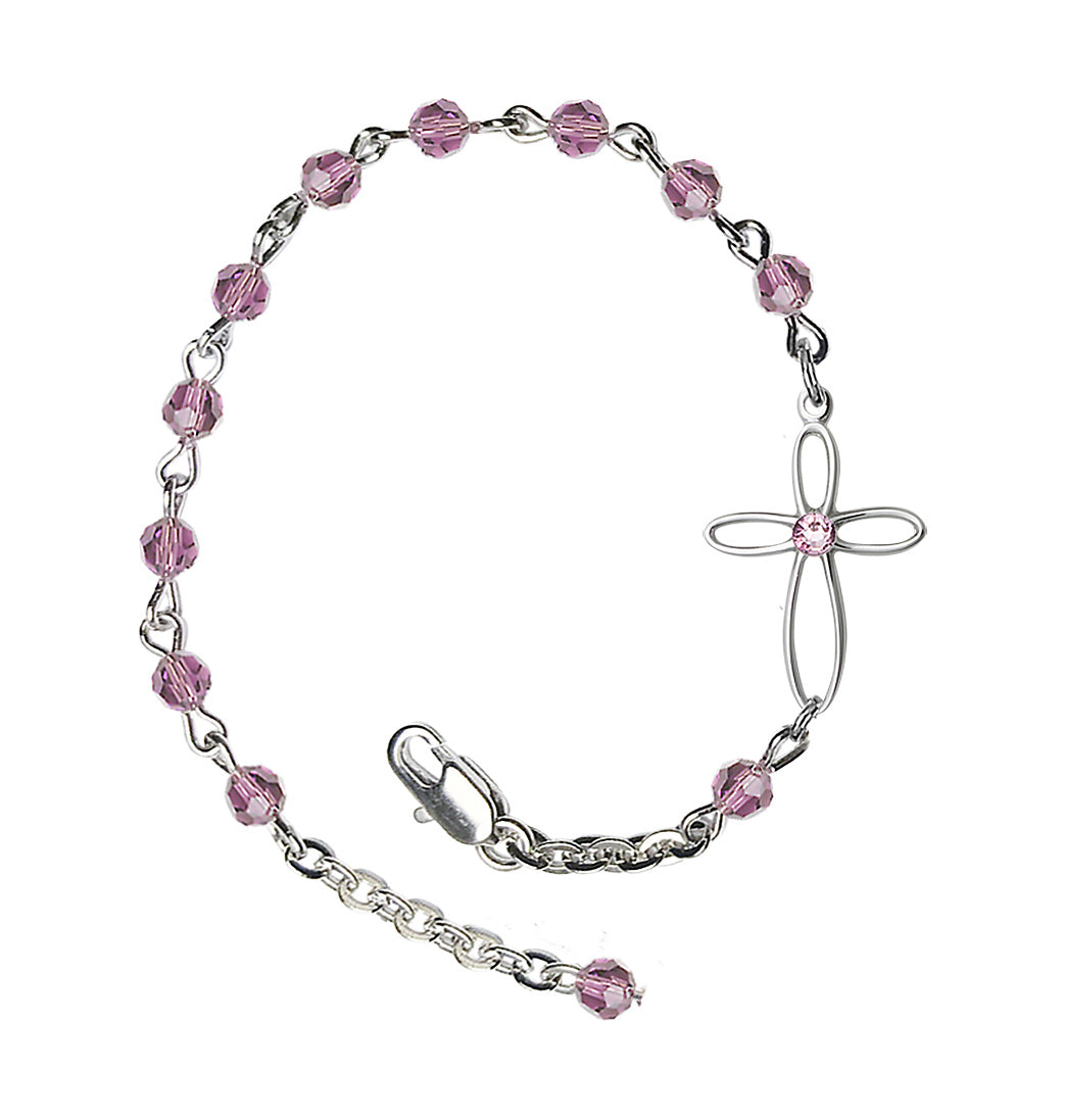 Bliss Birthstone Cross Silver-Plated 4mm Austrian Crystal Bracelet in Light Amethyst,