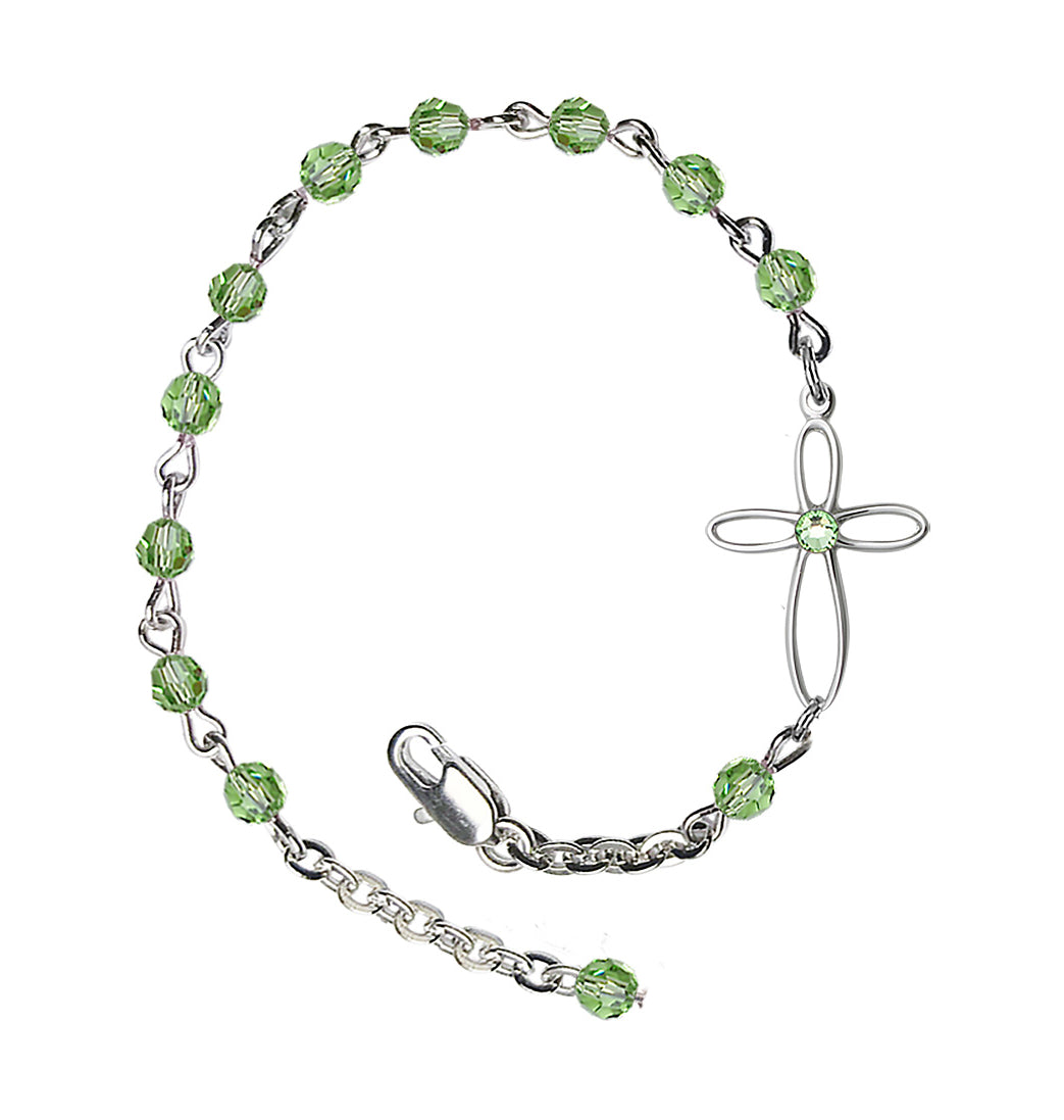 Bliss Birthstone Cross Silver-Plated 4mm Austrian Crystal Bracelet in Peridot,