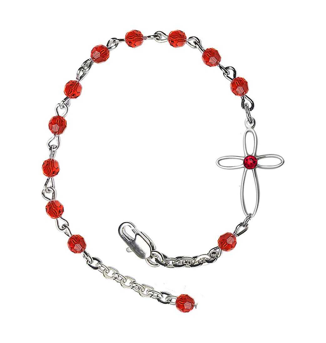 Bliss Birthstone Cross Silver-Plated 4mm Austrian Crystal Bracelet in Ruby,