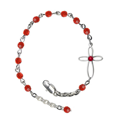 Birthstone Cross Silver-Plated 4mm Austrian Crystal Bracelet in Ruby, Bliss Manufacturing