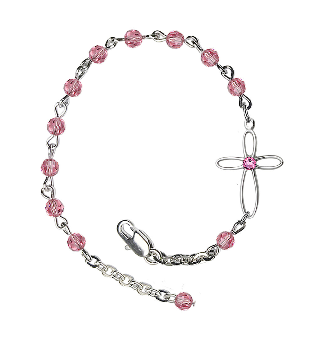 Bliss Birthstone Cross Silver-Plated 4mm Austrian Crystal Bracelet in Rose,