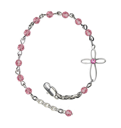 Birthstone Cross Silver-Plated 4mm Austrian Crystal Bracelet in Rose, Bliss Manufacturing