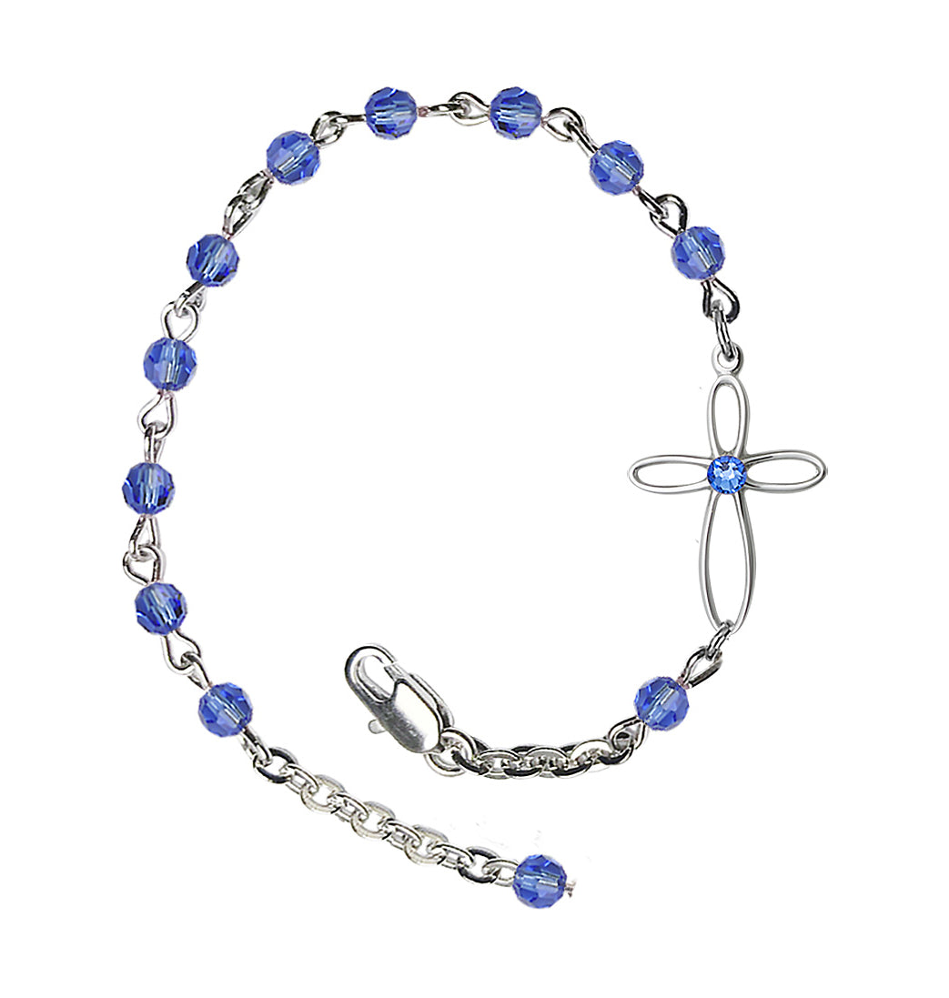 Bliss Birthstone Cross Silver-Plated 4mm Austrian Crystal Bracelet in Sapphire,