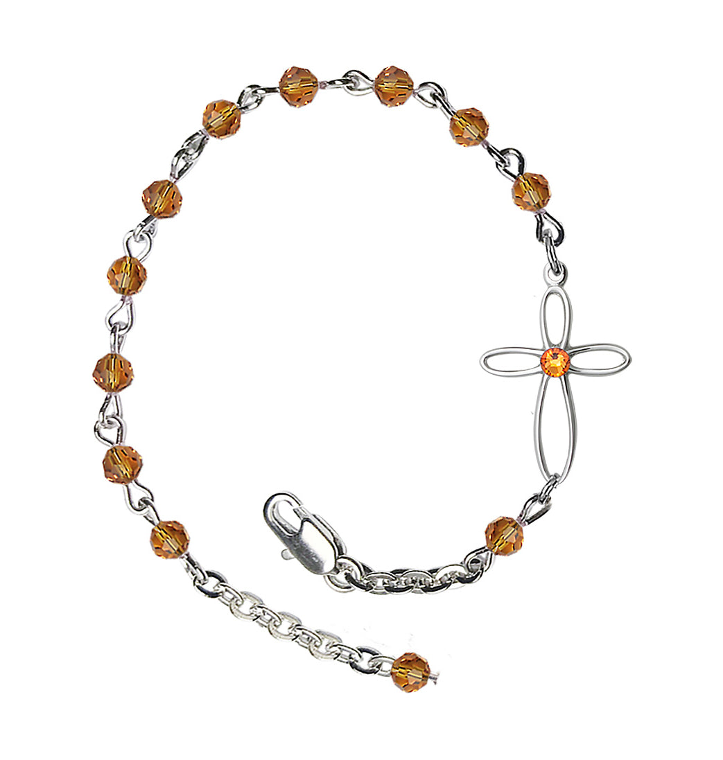 Bliss Birthstone Cross Silver-Plated 4mm Austrian Crystal Bracelet in Topaz,