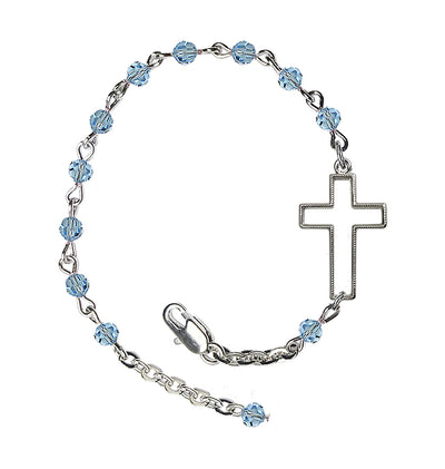 Side Cross Adjustable silver plated 4mm Austrian Crystal Bracelet in Aqua, Bliss Manufacturing