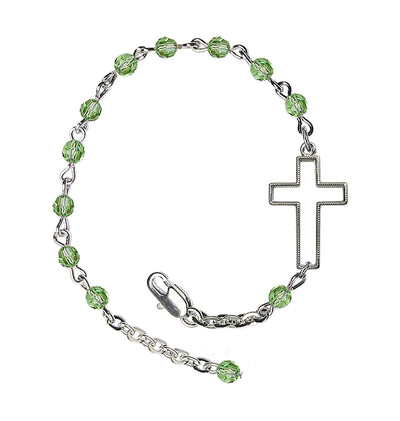Side Cross Adjustable silver plated 4mm Austrian Crystal Bracelet in Peridot, Bliss Manufacturing