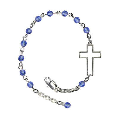 Side Cross Adjustable silver plated 4mm Austrian Crystal Bracelet in Sapphire, Bliss Manufacturing
