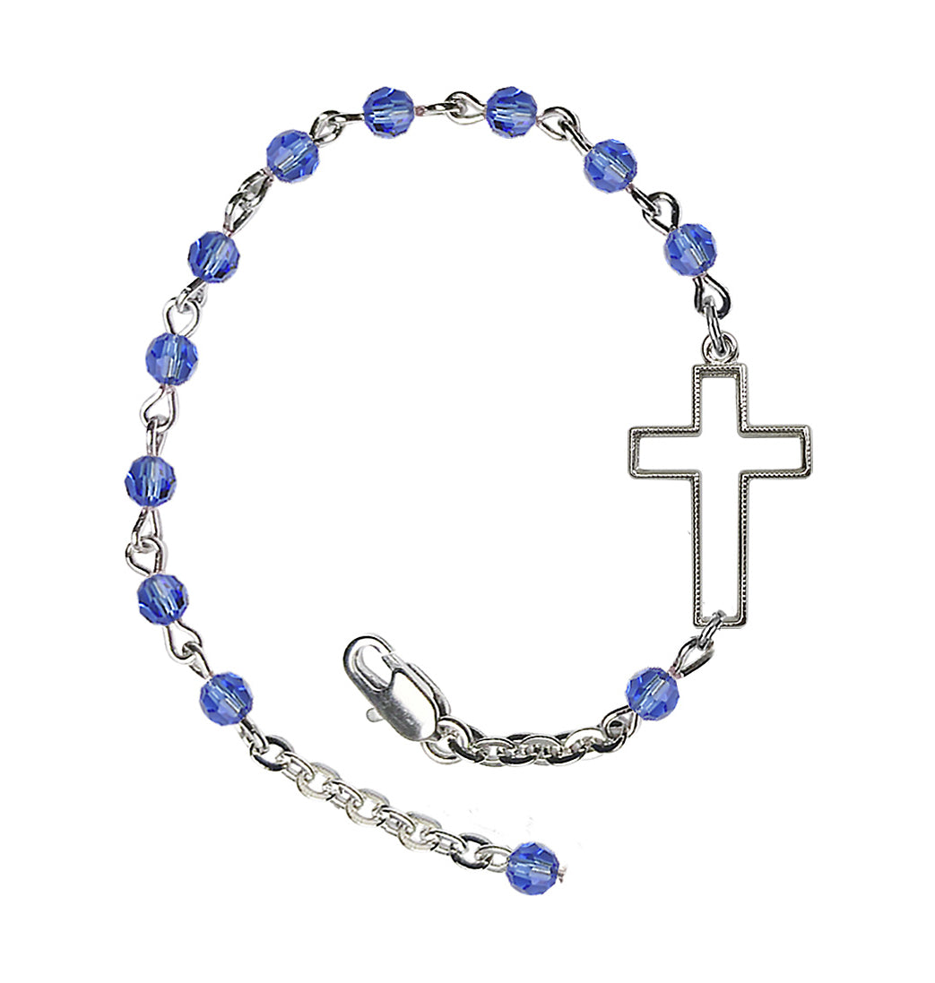 Bliss Side Cross Adjustable silver plated 4mm Austrian Crystal Bracelet in Sapphire,