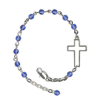 Side Cross Adjustable silver plated 4mm Austrian Crystal Bracelet in Sapphire, Bliss Manufacturing