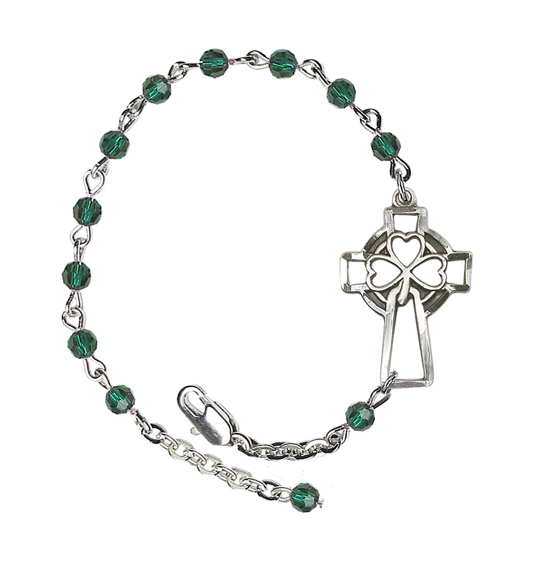 Bliss Irish Celtic Cross Silver-Plated 4mm Emerald Crystal Bracelet,