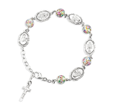 St Therese 8mm Rose Embedded Czech Glass Sterling Silver Bracelet, HMH Religious