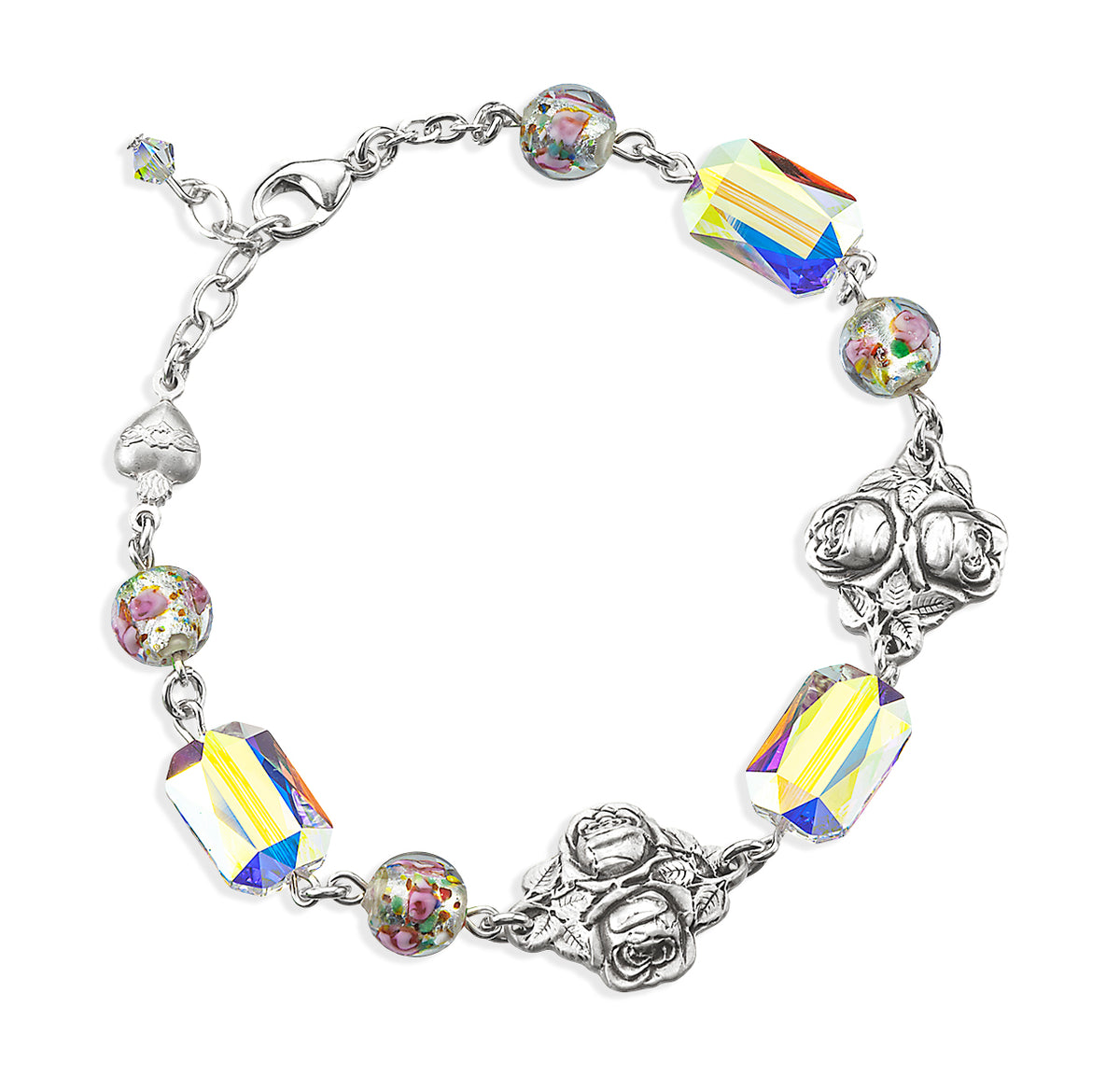 St Therese Rose Embedded Glass & Crystal Sterling Silver Bracelet