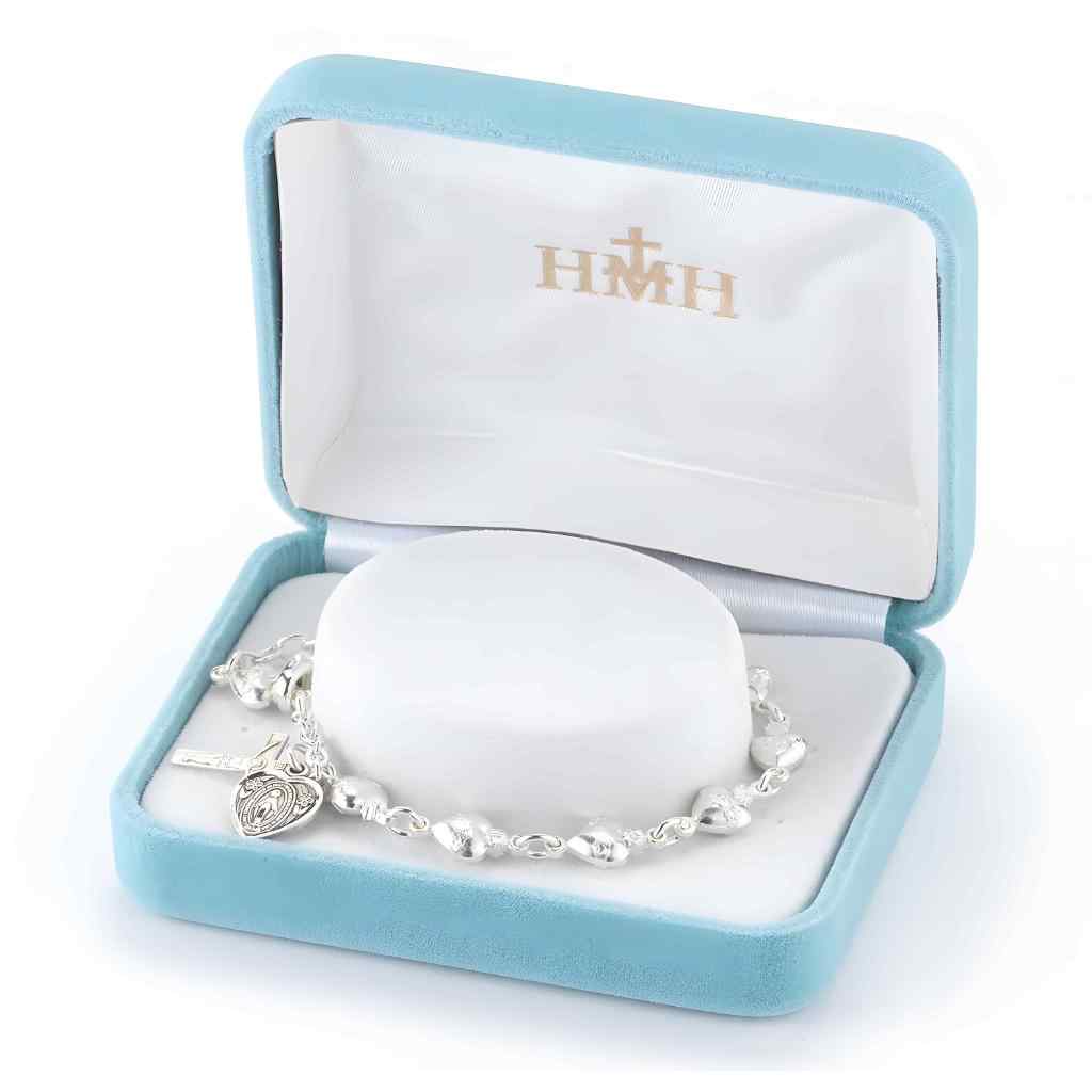 Sacred Heart of Jesus Bead Solid Sterling Silver Rosary Bracelet with Miraculous medal and crucifix comes in gift box