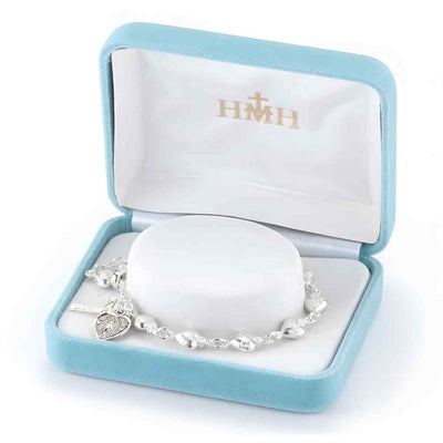Sacred Heart of Jesus Bead Solid Sterling Silver Rosary Bracelet with Miraculous medal and crucifix comes in gift box